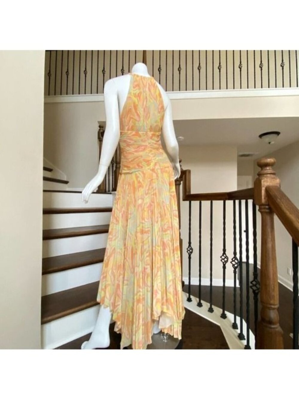 NWT AIIFOS Grace Pleated Halter Chiffon Gown in Peach and Yellow size 6 - Picture 9 of 12